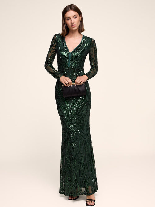 Long Sleeve Floral Sequin Gown