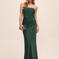 Dark Green Bustier Gown with Satin Pleated Skirt - Woman Wearing Elegant Evening Dress - Le Chateau