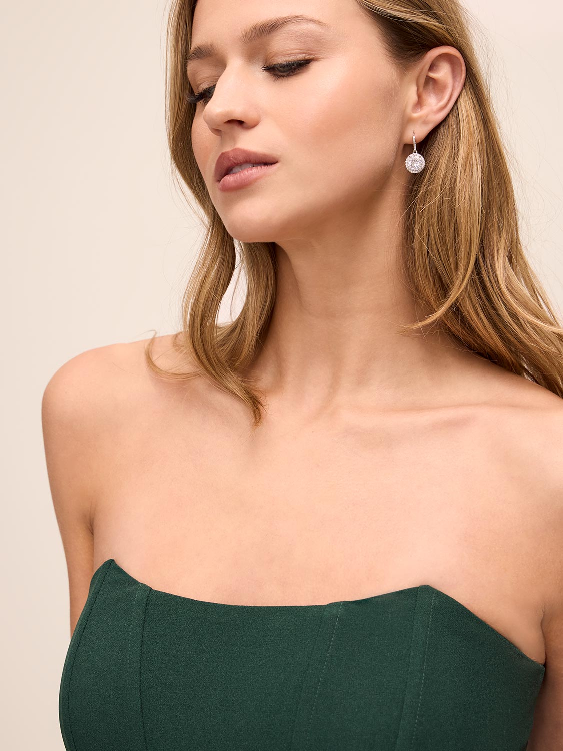 Dark Green Bustier Gown with Satin Pleated Skirt - Woman Wearing Elegant Evening Dress - Le Chateau
