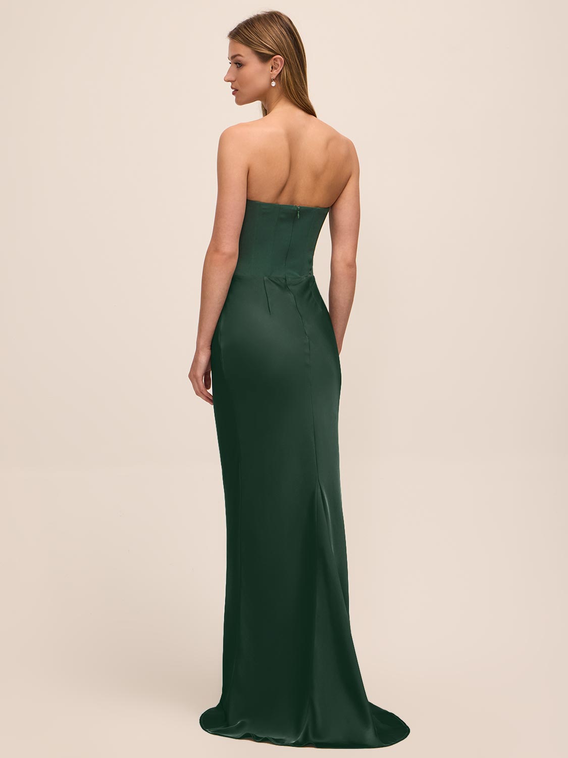 Dark Green Bustier Gown with Satin Pleated Skirt - Woman Wearing Elegant Evening Dress - Le Chateau