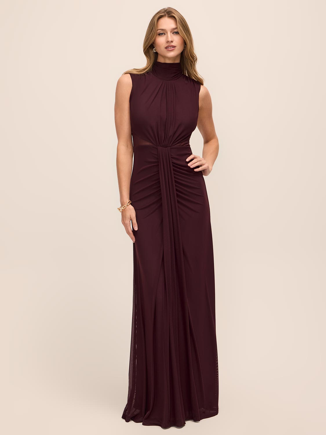 Black Cherry Sleeveless Mesh Gown with Mock Neck - Woman Wearing Elegant Floor-Length Dress - Le Chateau
