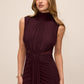 Black Cherry Sleeveless Mesh Gown with Mock Neck - Woman Wearing Elegant Floor-Length Dress - Le Chateau