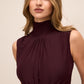 Black Cherry Sleeveless Mesh Gown with Mock Neck - Woman Wearing Elegant Floor-Length Dress - Le Chateau