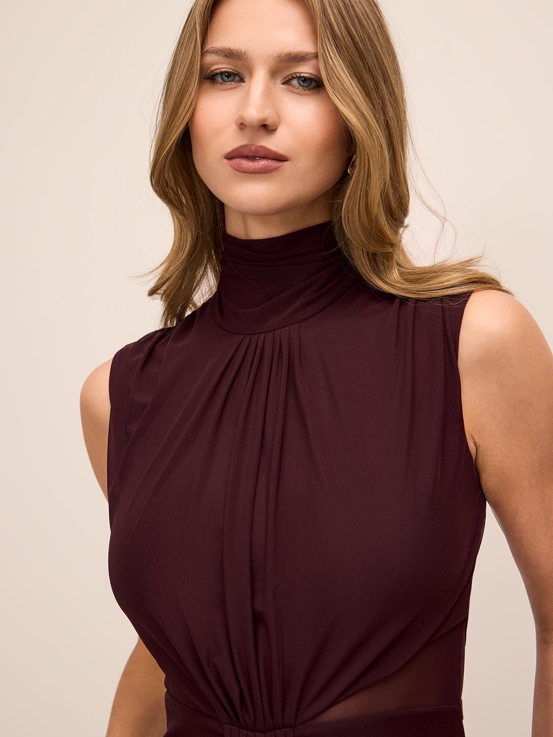 Black Cherry Sleeveless Mesh Gown with Mock Neck - Woman Wearing Elegant Floor-Length Dress - Le Chateau