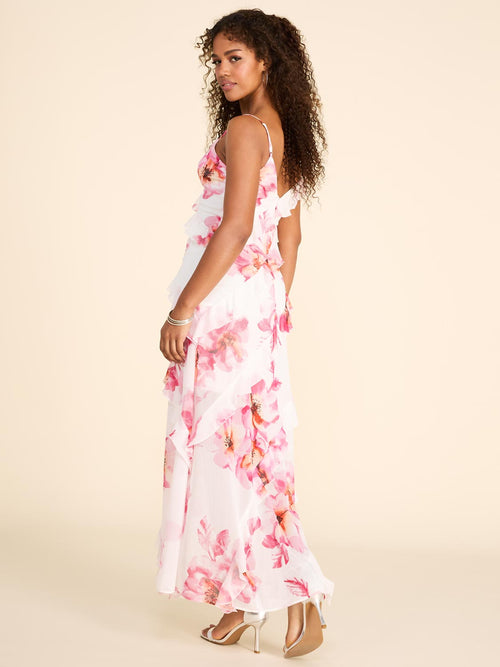 Floral Print V-Neck Allover Ruffle Gown