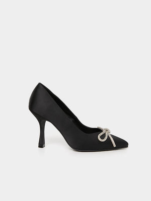 Satin High Heel Pump With Bow Black