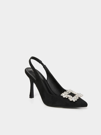 Suede Slingback Pump With Jewelled Buckle Black