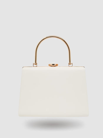 Pleated Faux-Leather Minaudere With Top Handle White