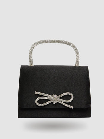 Faux-Suede Flapover Bag With Rhinestone Bow Black