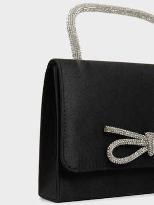 Faux-Suede Flapover Bag With Rhinestone Bow Black