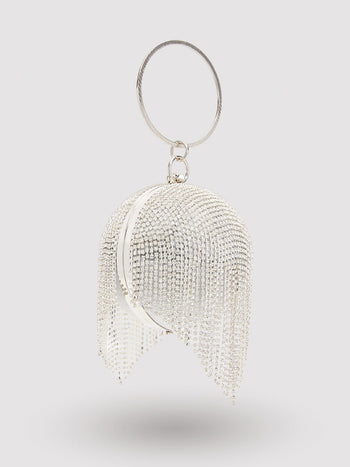 Ball Shaped Bag With Jewelled Fringe Silver