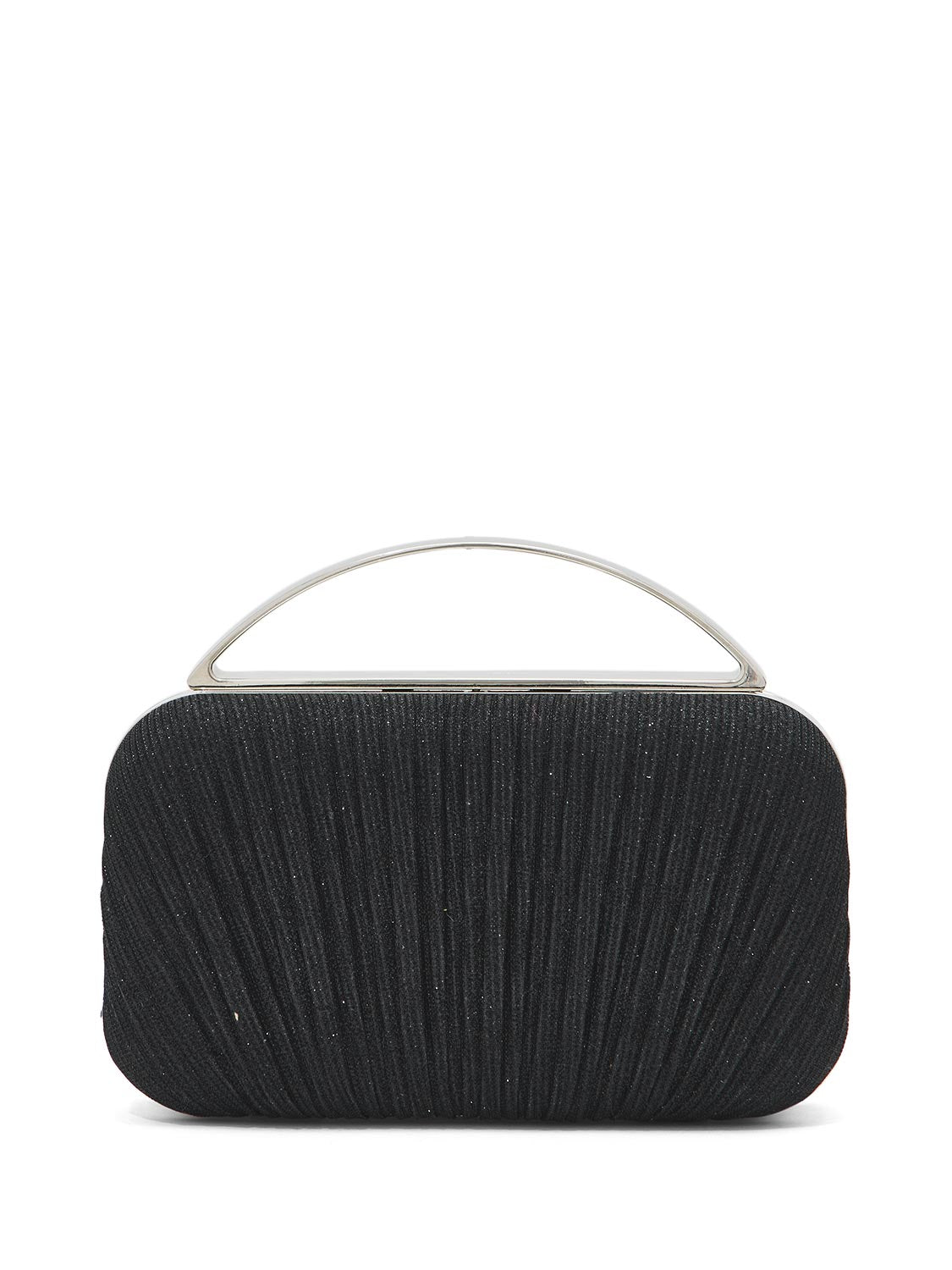 Black Woven Pleated Lurex Bag with Metal Top Handle - Evening Accessory with Shimmer Detail - Le Chateau