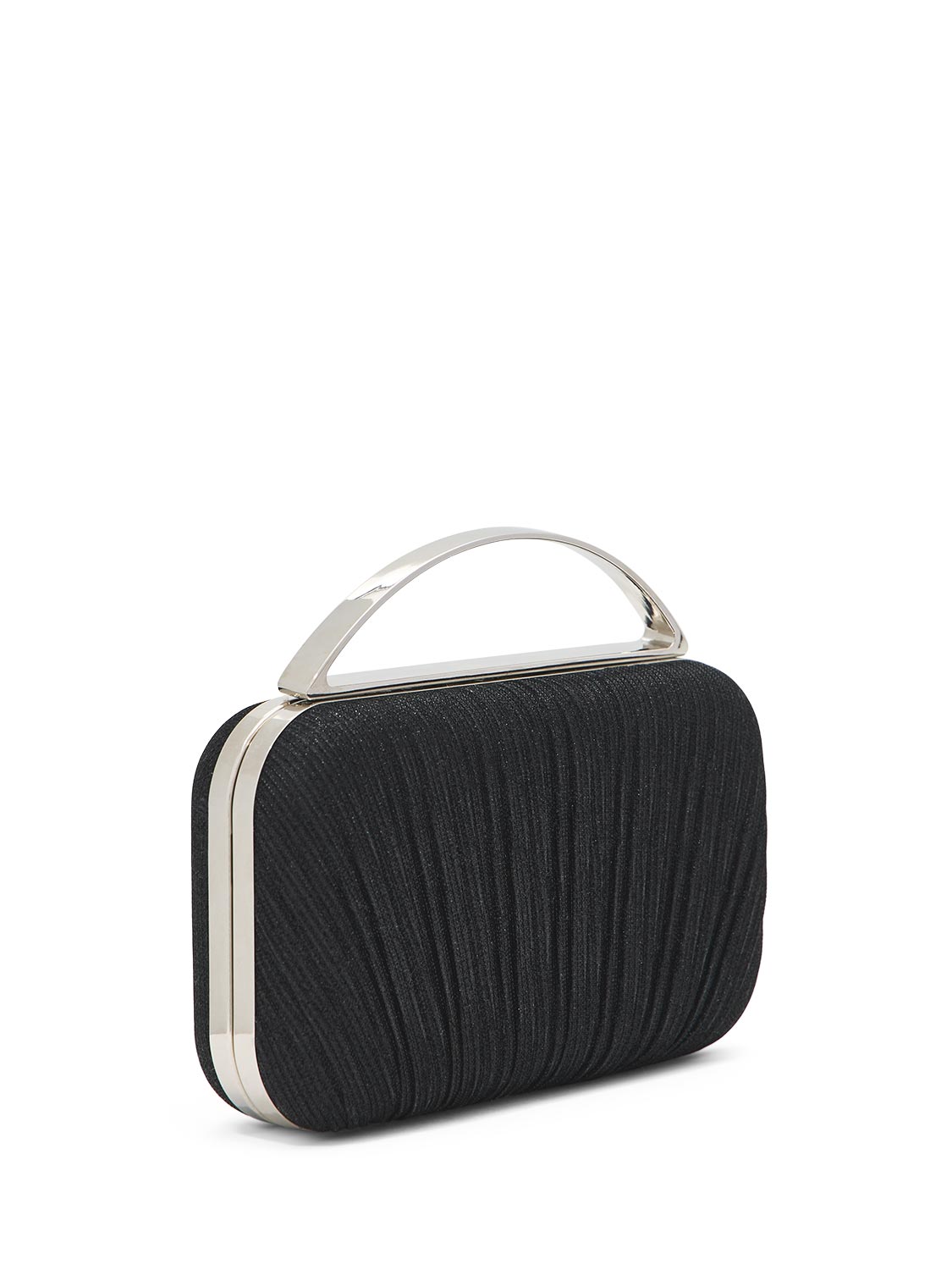 Black Woven Pleated Lurex Bag with Metal Top Handle - Evening Accessory with Shimmer Detail - Le Chateau