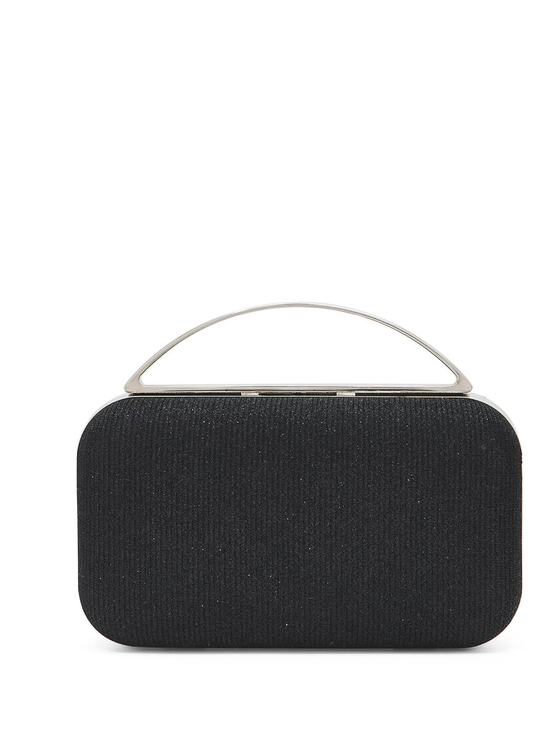 Black Woven Pleated Lurex Bag with Metal Top Handle - Evening Accessory with Shimmer Detail - Le Chateau