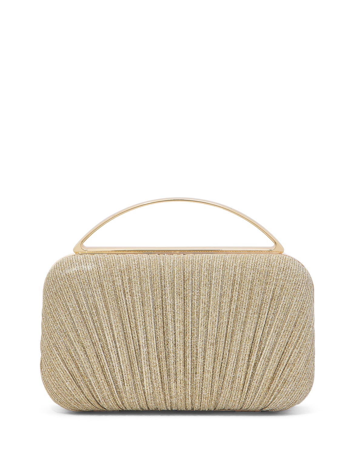 Gold Woven Pleated Lurex Bag with Metal Top Handle - Evening Accessory with Shimmer Detail - Le Chateau