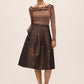 Copper Floral Jacquard Midi Skirt with Box Pleats - Woman Wearing Elegant Pleated Skirt - Le Chateau