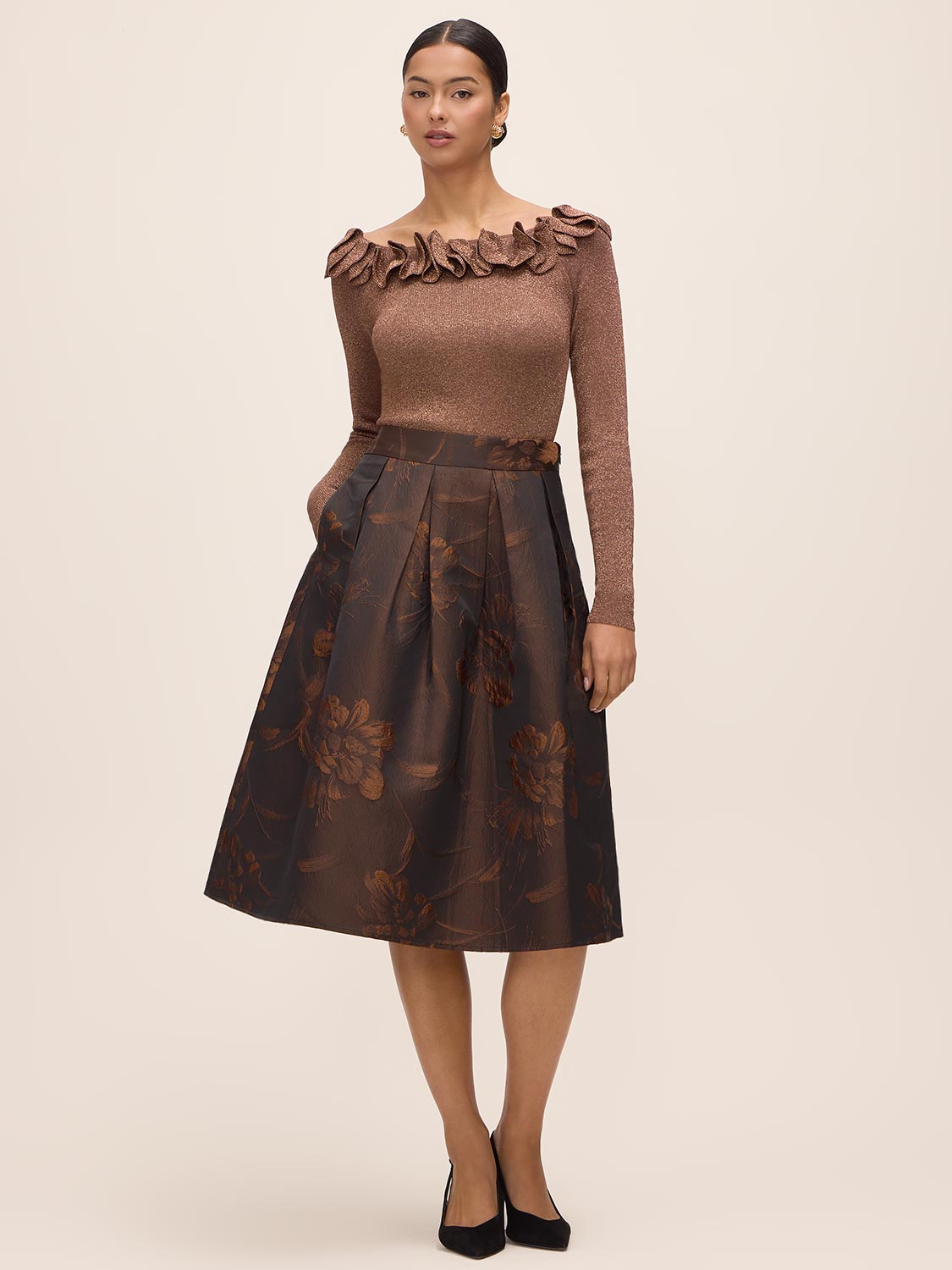 Copper Floral Jacquard Midi Skirt with Box Pleats - Woman Wearing Elegant Pleated Skirt - Le Chateau