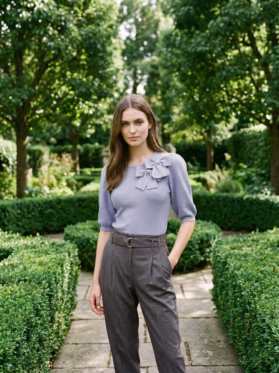 Steel Blue Double Bow Puff Sleeve Sweater - Woman Wearing Knit Top with Bow Detail - Le Chateau