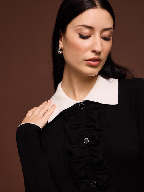 Ruffle Button-Up Polo Sweater