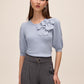 Steel Blue Double Bow Puff Sleeve Sweater - Woman Wearing Knit Top with Bow Detail - Le Chateau