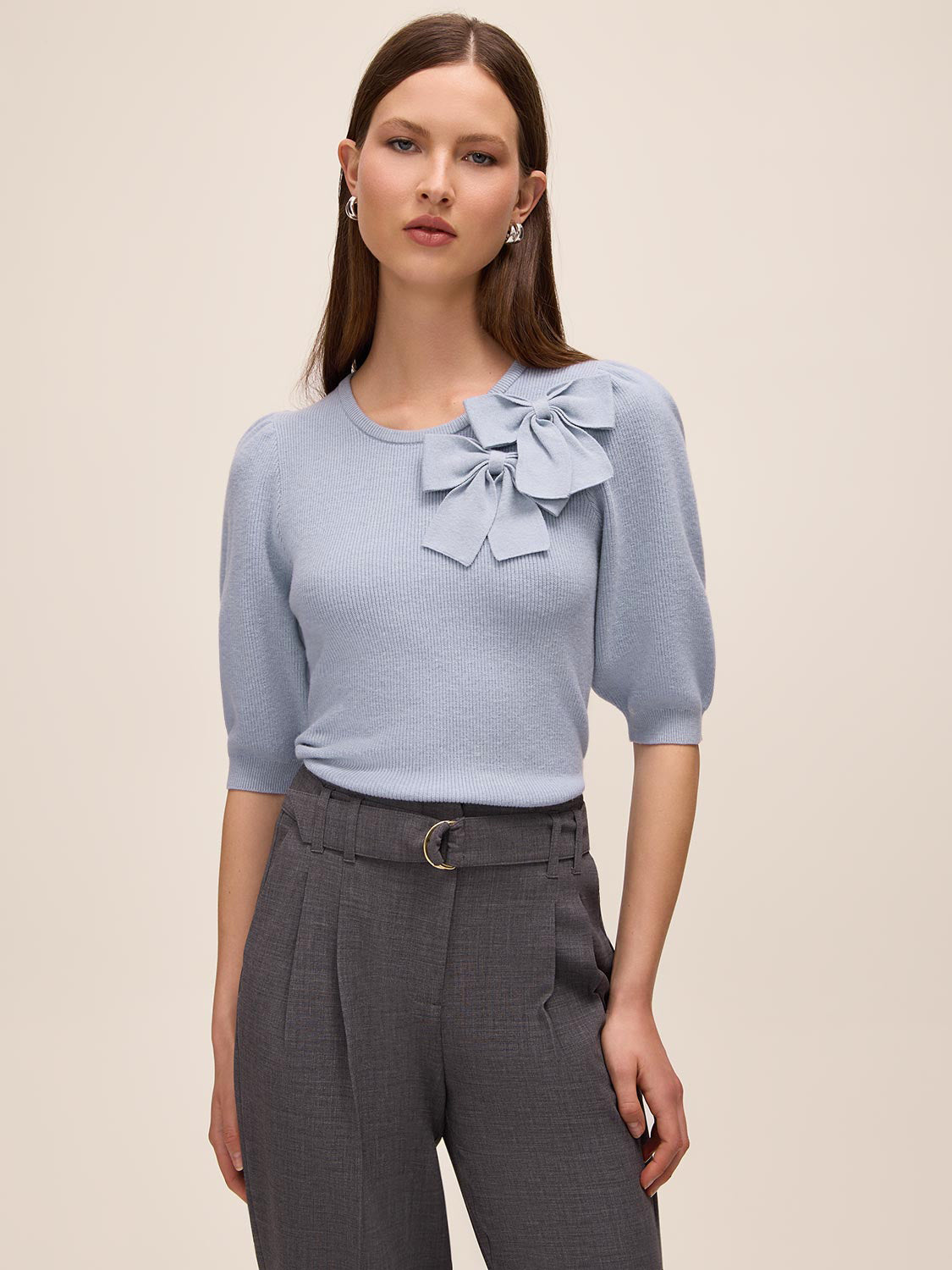Steel Blue Double Bow Puff Sleeve Sweater - Woman Wearing Knit Top with Bow Detail - Le Chateau
