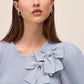 Steel Blue Double Bow Puff Sleeve Sweater - Woman Wearing Knit Top with Bow Detail - Le Chateau