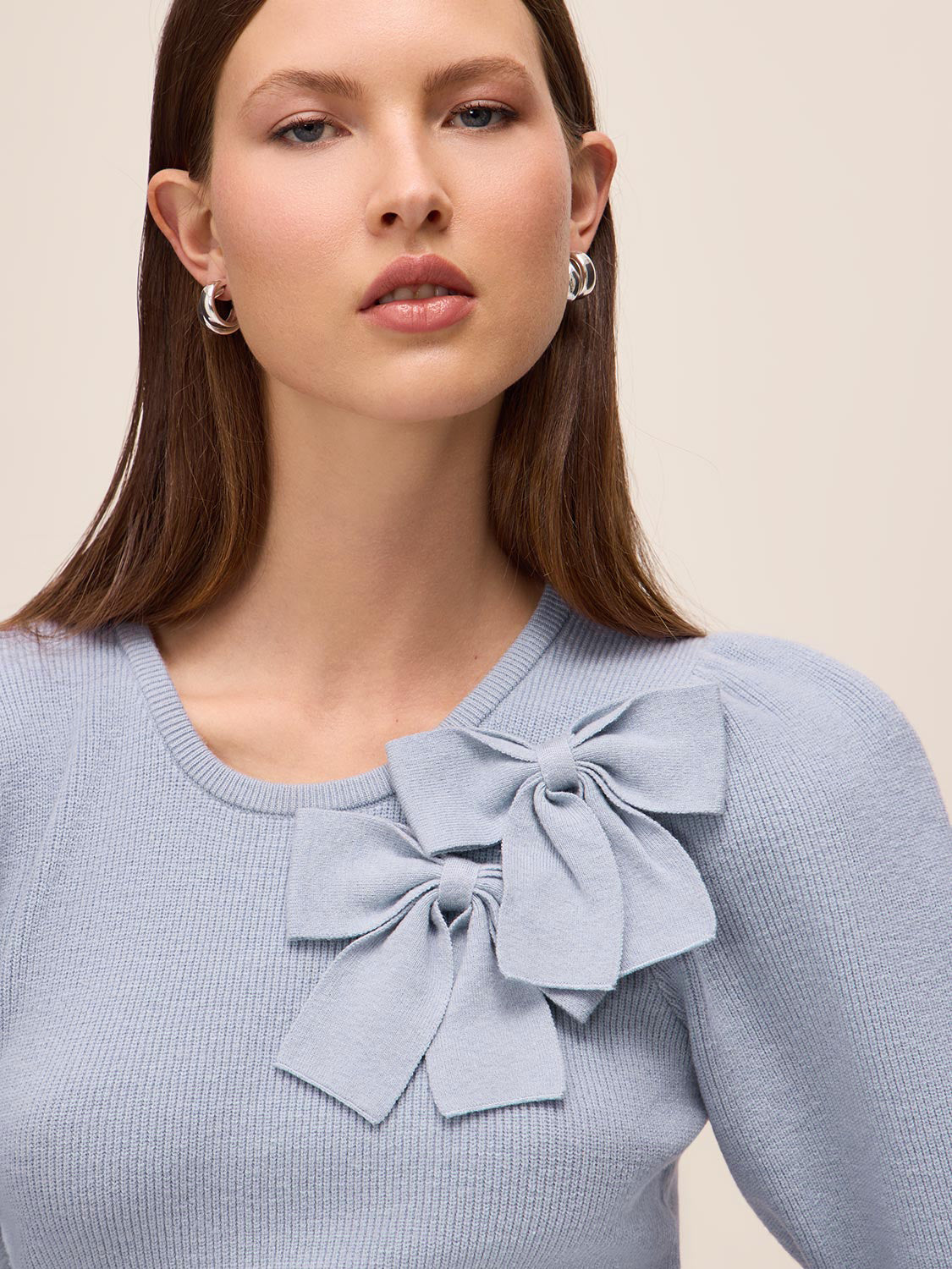 Steel Blue Double Bow Puff Sleeve Sweater - Woman Wearing Knit Top with Bow Detail - Le Chateau