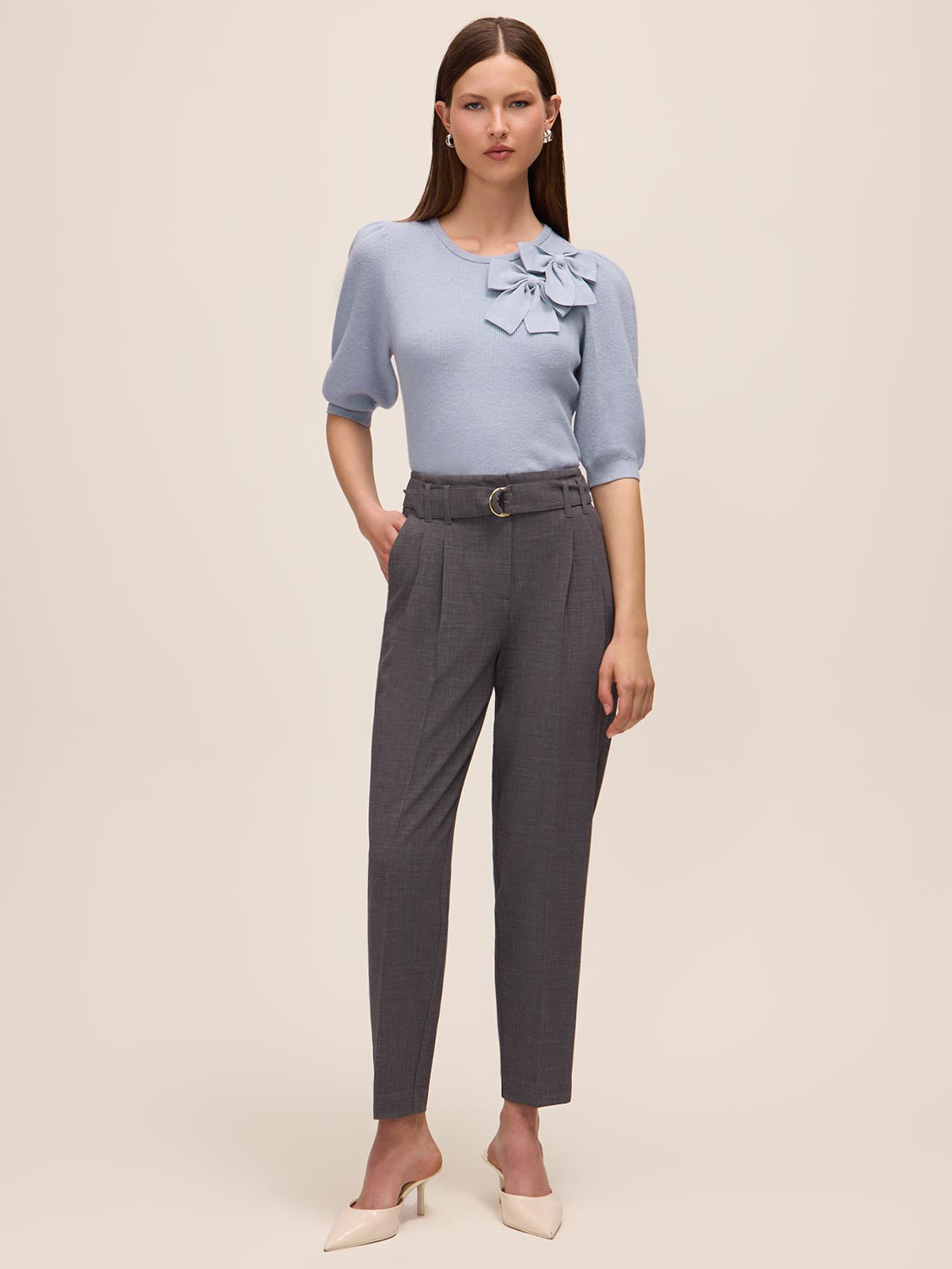 Steel Blue Double Bow Puff Sleeve Sweater - Woman Wearing Knit Top with Bow Detail - Le Chateau
