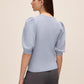 Steel Blue Double Bow Puff Sleeve Sweater - Woman Wearing Knit Top with Bow Detail - Le Chateau