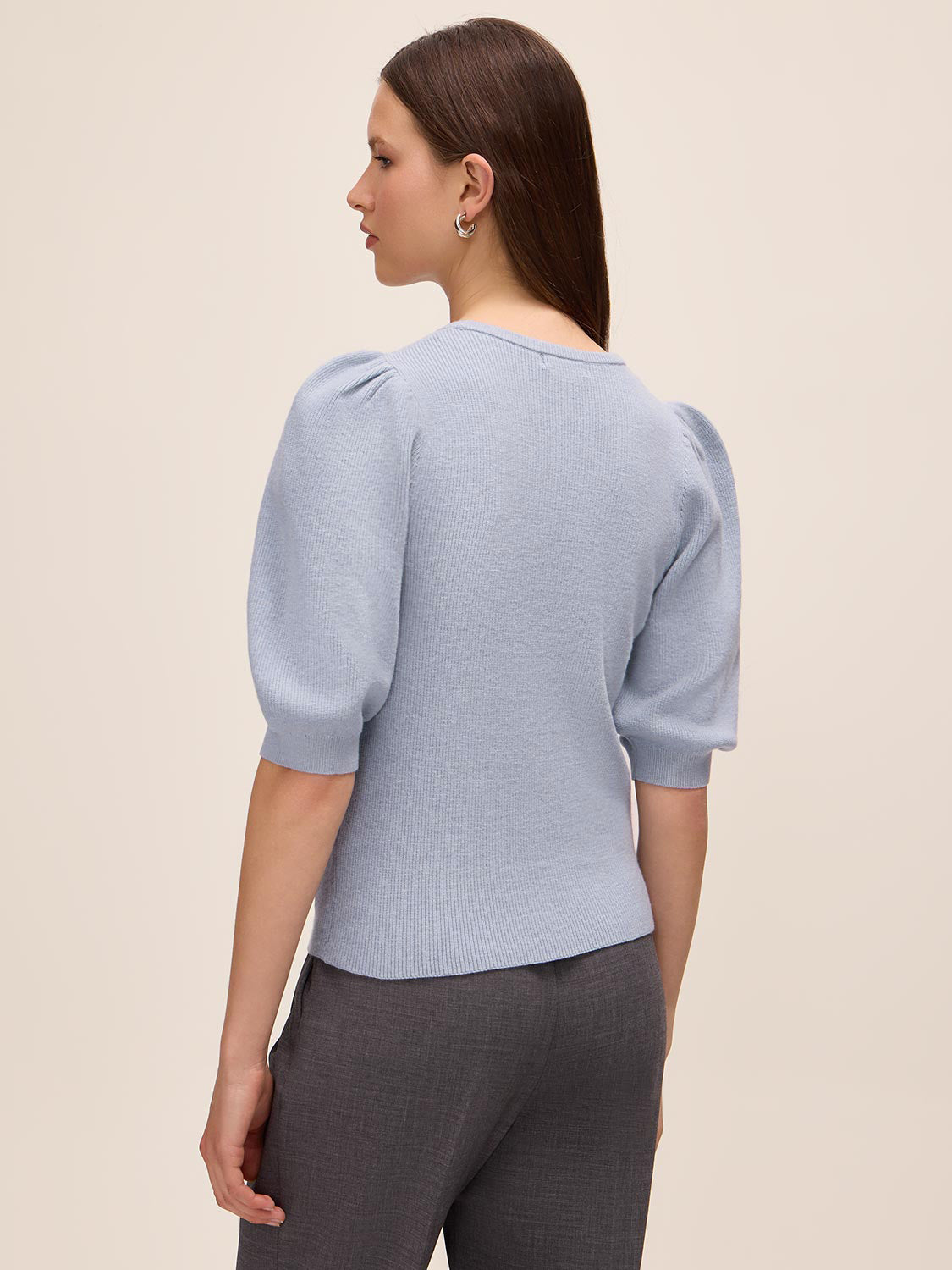 Steel Blue Double Bow Puff Sleeve Sweater - Woman Wearing Knit Top with Bow Detail - Le Chateau