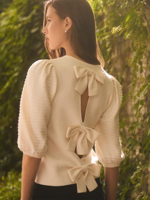 Puff Sleeve Sweater With Bows Pearl