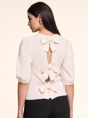 Puff Sleeve Sweater With Bows Pearl