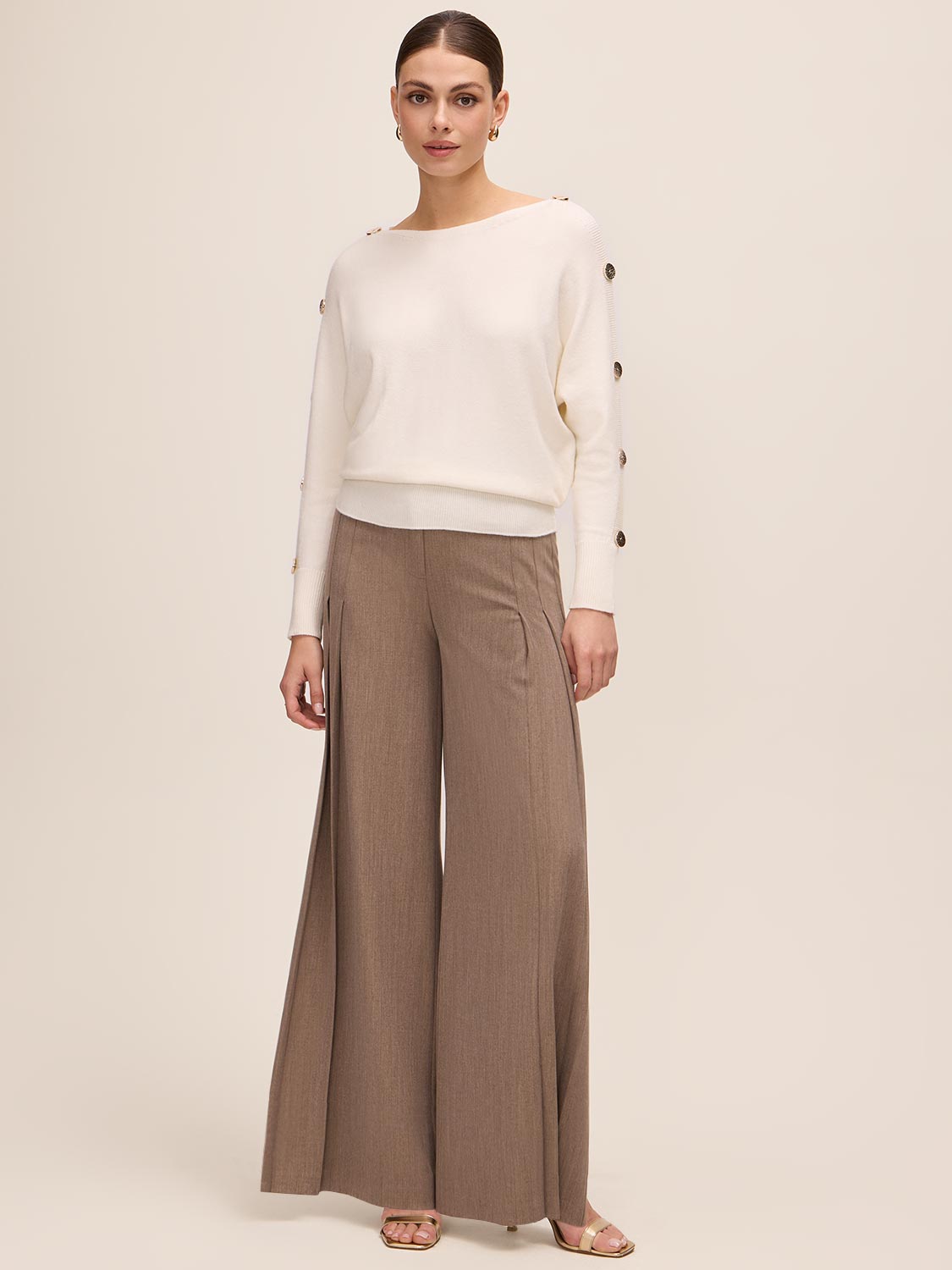 Off White Dolman Sleeve Sweater with Gold Buttons - Full Body View - Le Chateau