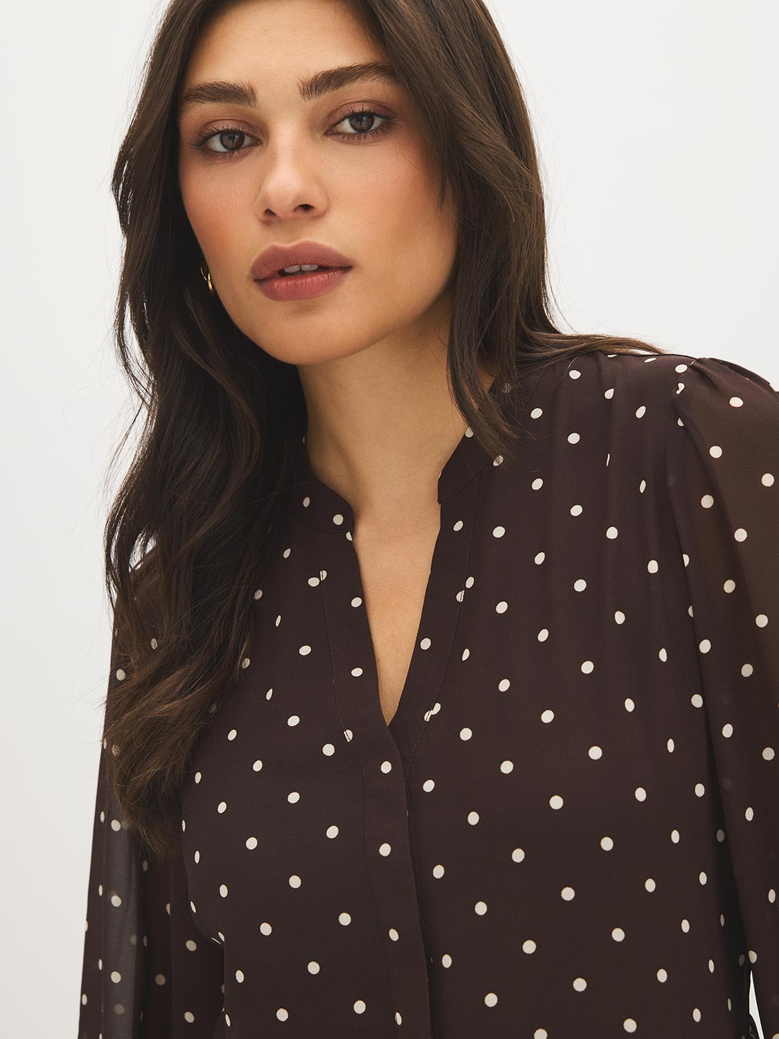 Java Dots Print Mini Dress with Ruffled Hem - Close-up Neckline Detail - Suzy Shier