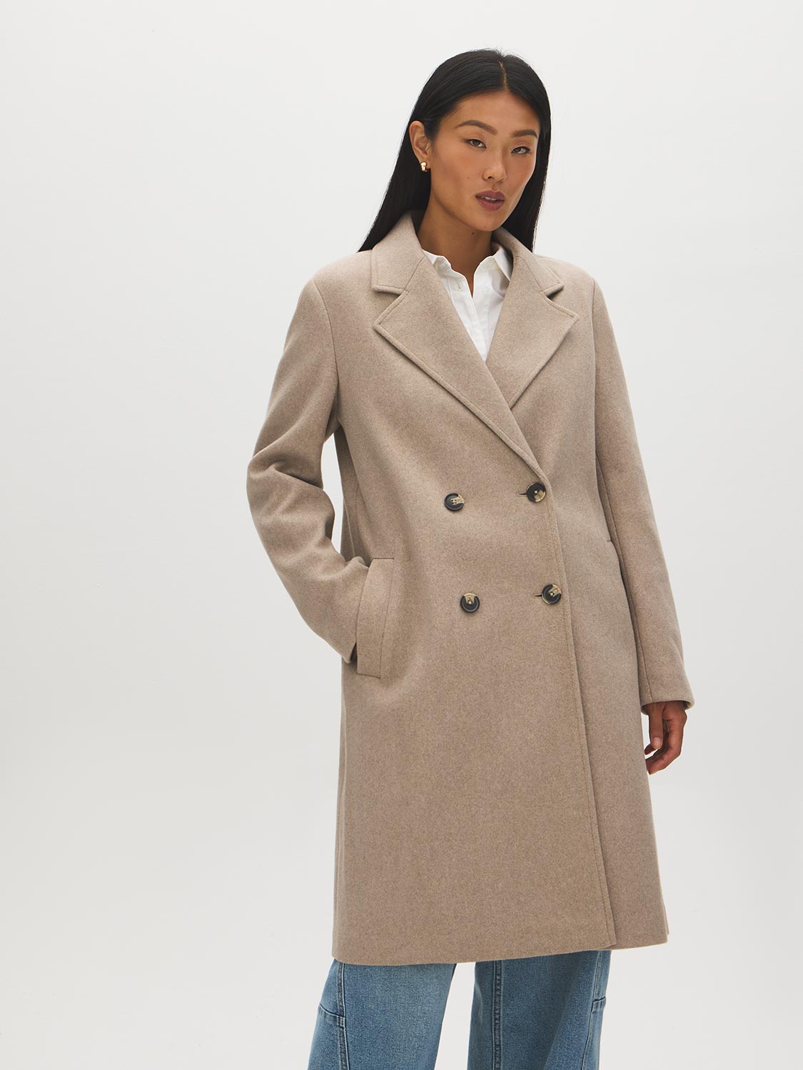 Latte Double-Breasted Faux Wool Coat - Front View - Suzy Shier