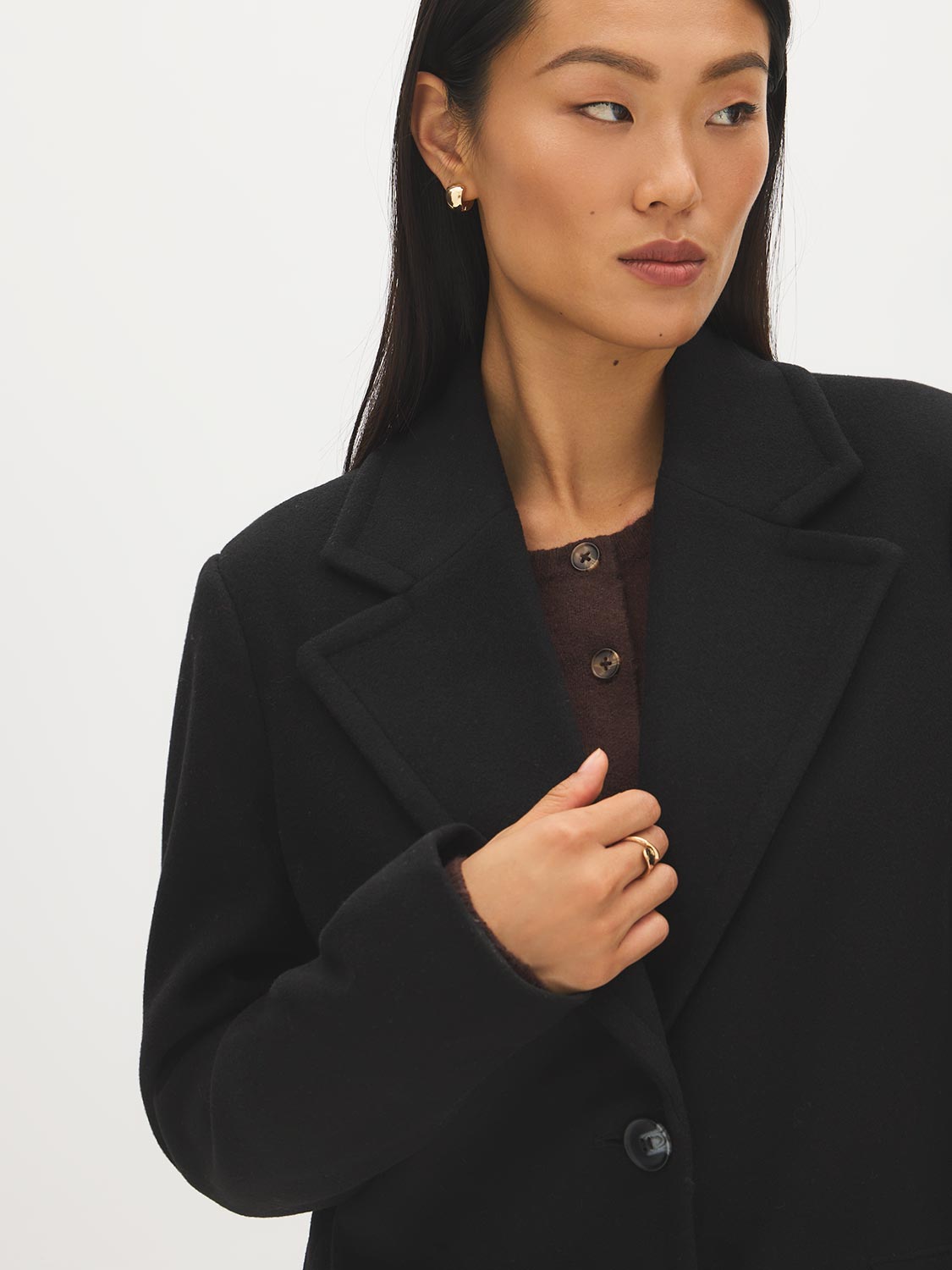 Mid Grey Melange Single-Breasted Faux Wool Coat - Collar Detail - Suzy Shier