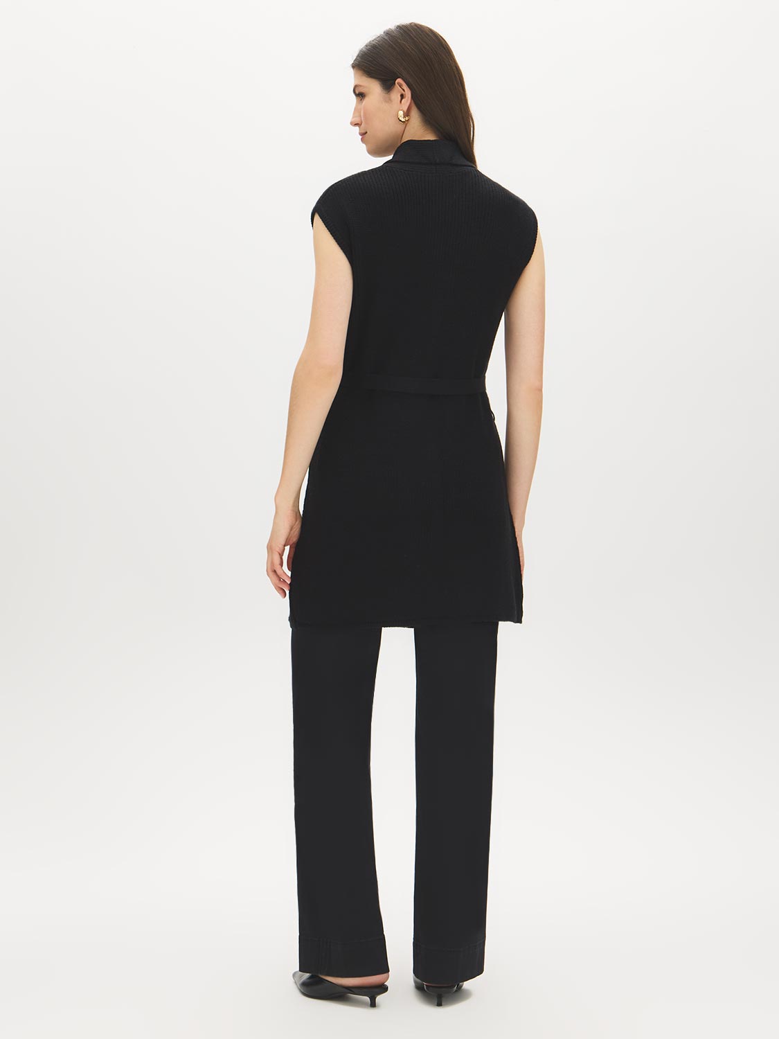 Black Sleeveless Ribbed Sweater Vest with Tie - Back View - Suzy Shier