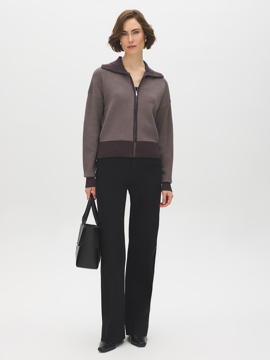 Brown/Beige Jacquard Zip Front Sweater - Front View - Suzy Shier