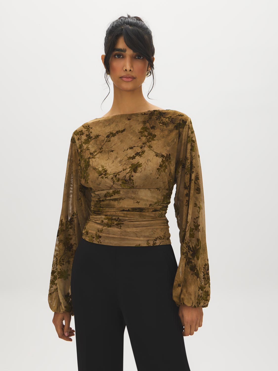 Floral Flocked Mesh Top with Balloon Sleeves - Woman Wearing Textured Print Blouse - Suzy Shier