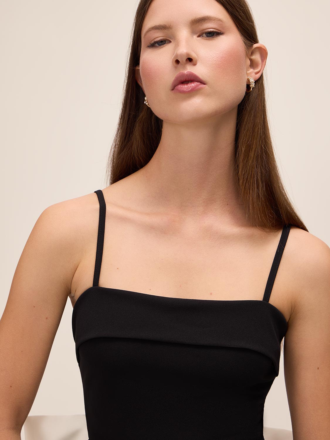 Black/White Knit Crepe Midi Sheath Dress - Close-up Neckline Detail - Le Chateau