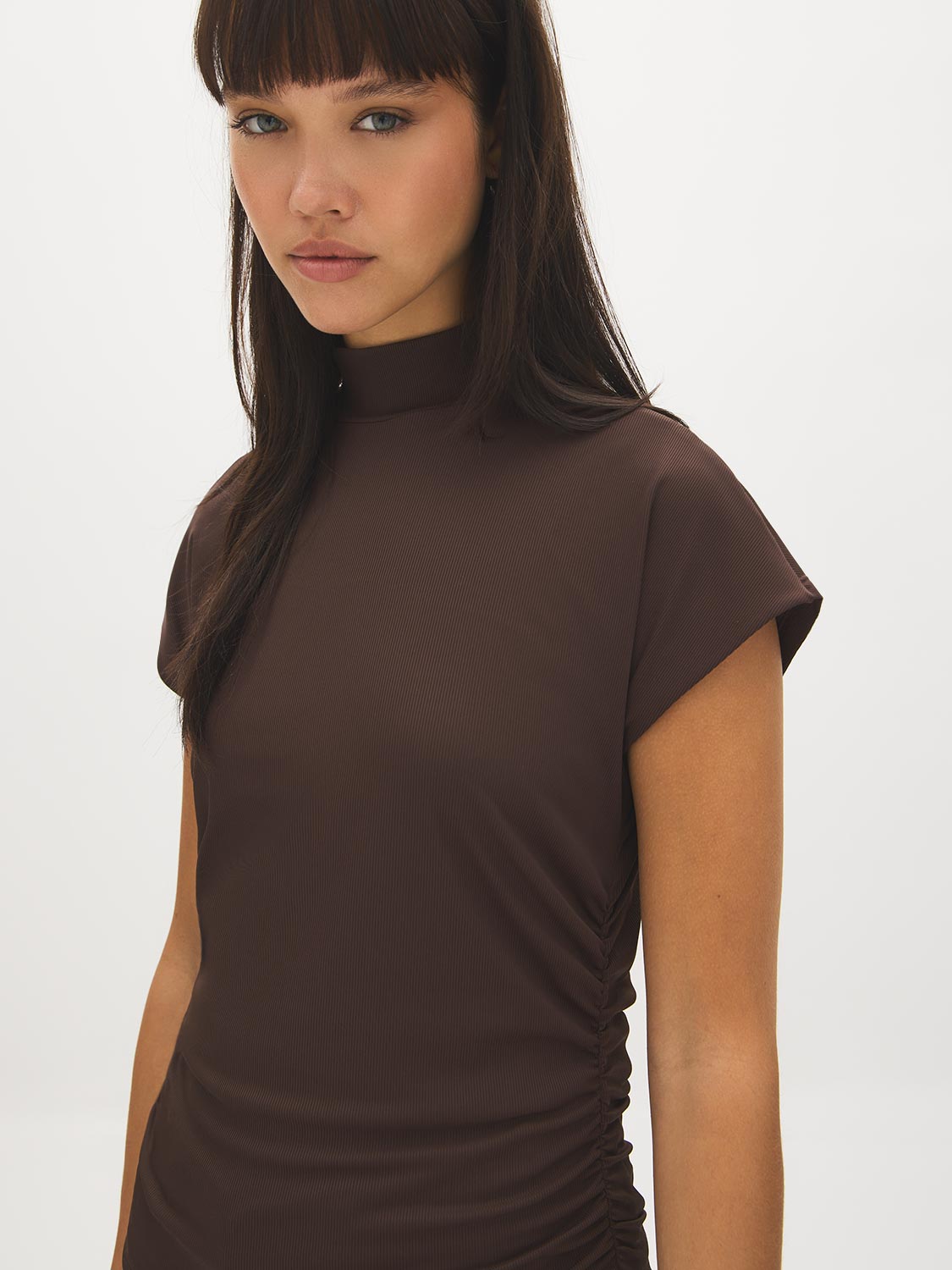 Coffee Bean Mock Neck Ribbed Top with Dolman Sleeves - Close-up Fabric Detail - Suzy Shier
