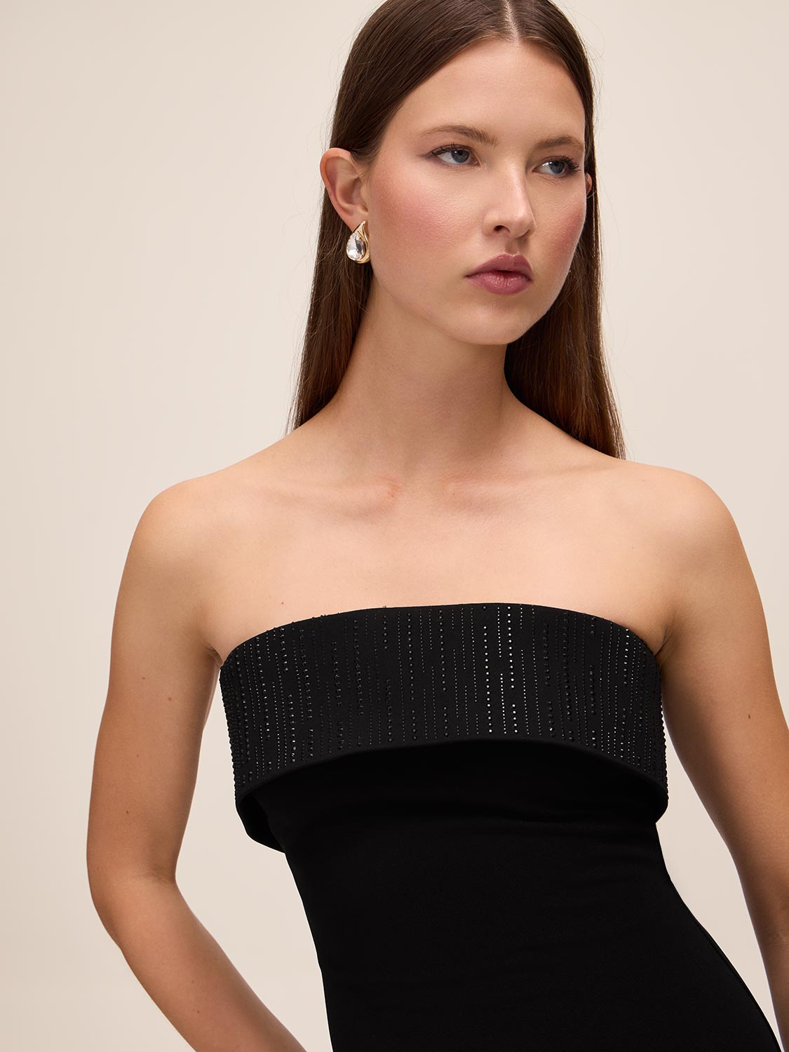 Black Knit Crepe Midi Sheath Dress - Close-up Embellished Band Detail - Le Chateau