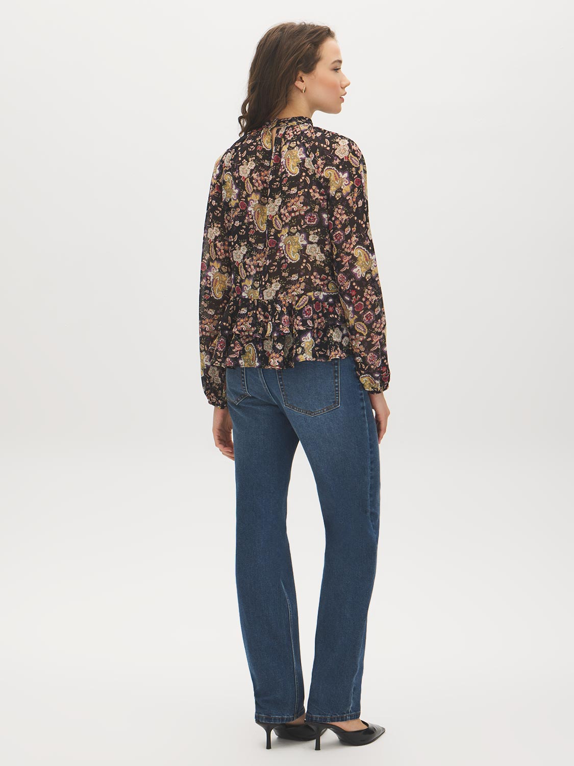Black Paisley Mock Neck Top with Ruffle Hem - Back View - Suzy Shier