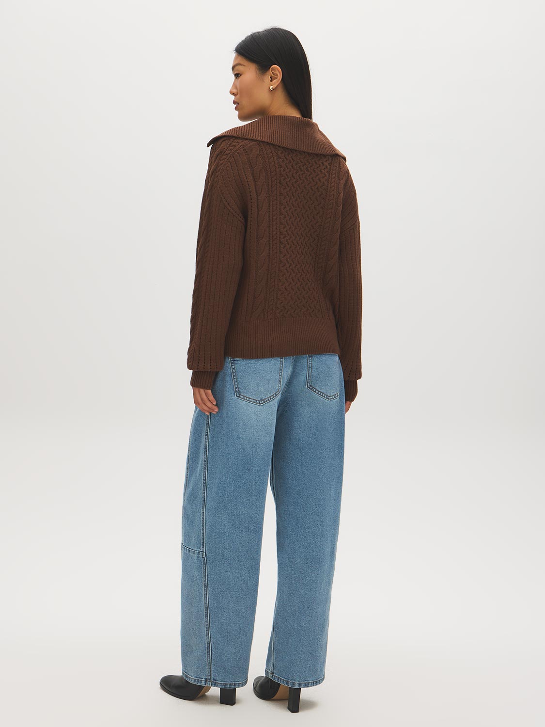 Orzo Brown Quarter-Zip Cable Knit Sweater - Back View - Suzy Shier