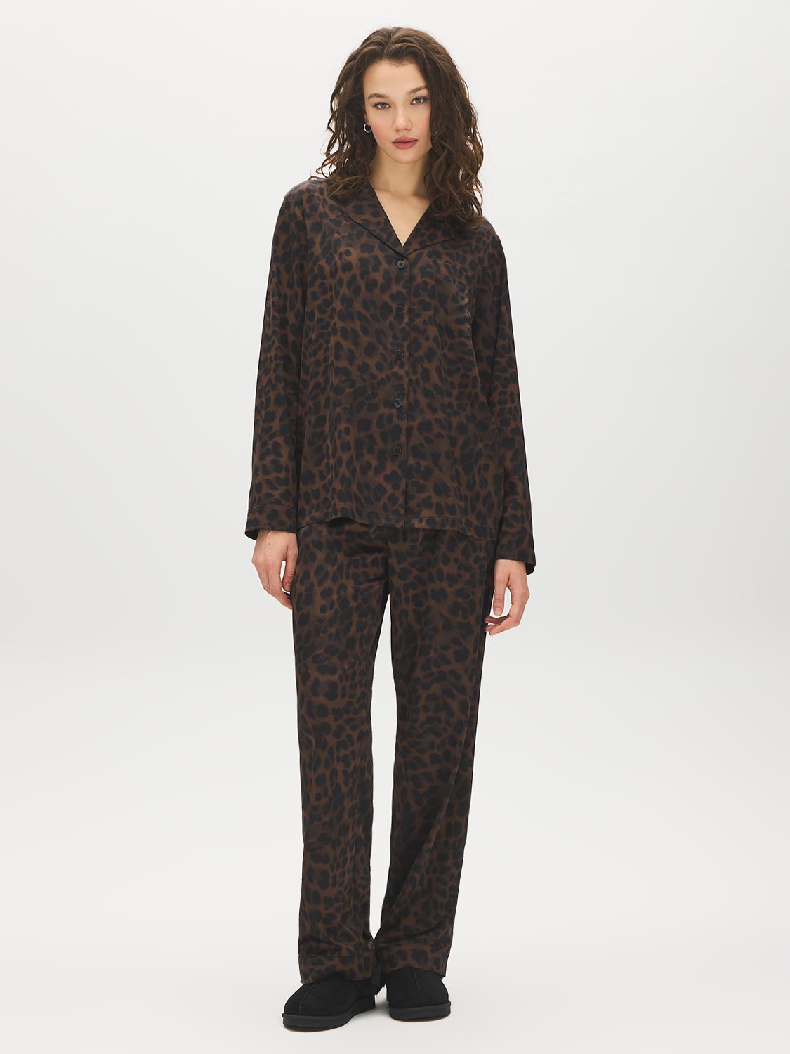 Bison Animal Print Satin PJ Set - Woman Wearing Animal Print Pajama Set - Suzy Shier