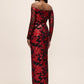 Red/Black Off-Shoulder Sequin Gown with Illusion Sleeves - Back View - Le Chateau