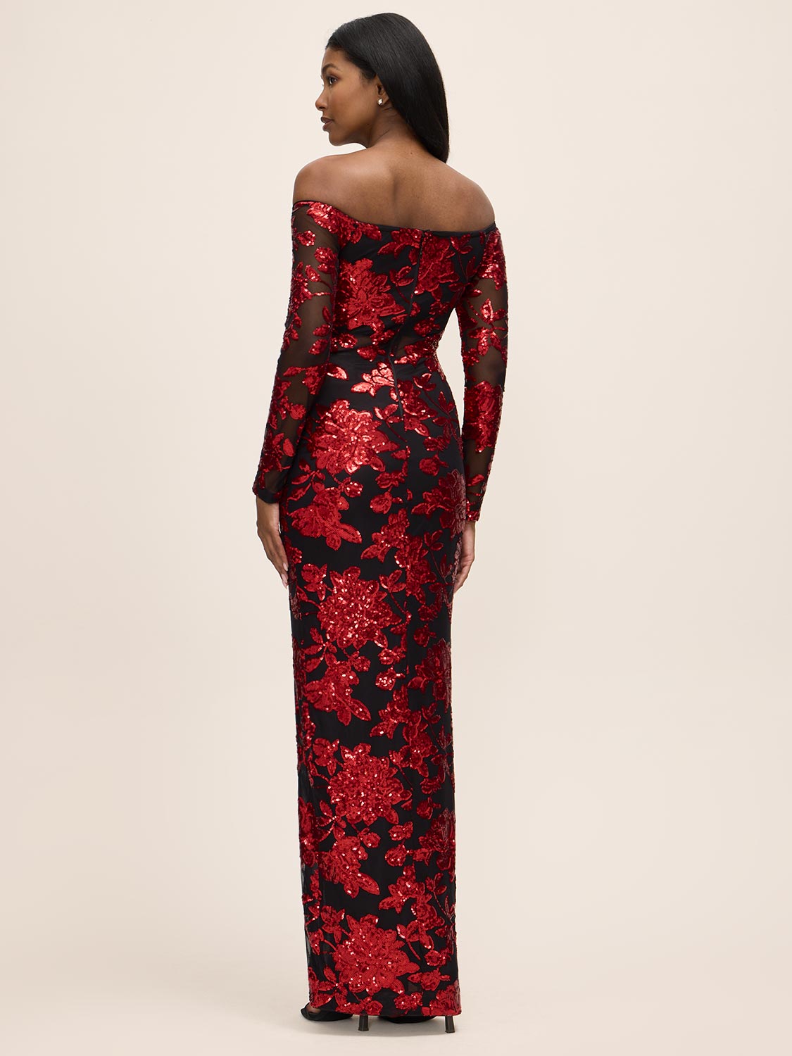 Red/Black Off-Shoulder Sequin Gown with Illusion Sleeves - Back View - Le Chateau