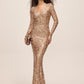 Antique Gold Floral Sequin Mesh Dress - Woman Wearing V-Neck Long Sleeve Evening Dress - Le Chateau