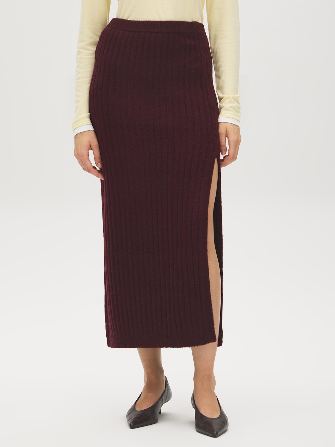 Bruised Burgundy Melange Ribbed Knit Sweater Skirt with Side Slit - Front View - Suzy Shier