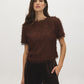 Milk Chocolate Fuzzy Knit Crew Neck Top - Woman Wearing Relaxed Short Sleeve Pullover - Suzy Shier